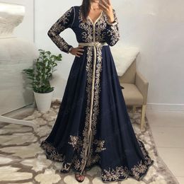 navy blue Evening Dresses 2022 Moroccan Caftan Formal Party Gown Sleeve V Neck Embroidery Beading Kafutan prom Dress