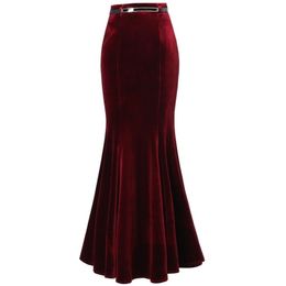 plus size 5XL! Autumn Vintage Velvet Black Maxi Long Mermaid Skirt Fashion Women Elegant Velour Skirts With Belt 220322