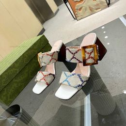Pantofola di lusso Slides Designer Donna 7CM Sandali con tacco grosso Sandalo per donna Sandalia Sandali con doppia fibbia in bambù Ricama vera pelle con scatola