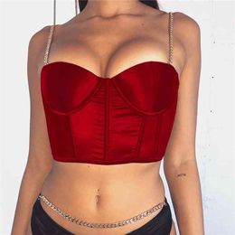 YICIYA Summer Crop Top Women Sexy Bustier Top Blackless Chain Strap Padded Cropped Casual Satin Black Crop Tops Clothes 210401
