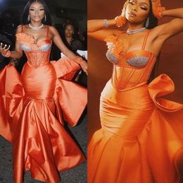 2022 Plus Size Arabic Aso Ebi Orange Mermaid Sexy Prom Dresses Beaded Satin Evening Formal Party Second Reception Birthday Engagement Gowns Dress ZJ207