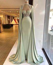 Elegant Mermaid Evening Dresses With Detachable Cape Beaded Crystal Formal Prom Gowns Custom Made Plus Size Pageant Wear Party Gown Robe de mariee