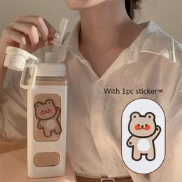 Water Bottles Kawaii Bear Water Bottle For Girls Cute Plastic School Gym Drinking Bottle With Straw Juice Bubble Tea Cups BPA Free 700ml