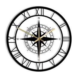 Compass Direction Map Exclusive Silent Wall Clock Nautical Black Wind Rose Home Dcor Traveller Interior Design Retro Watch 220606