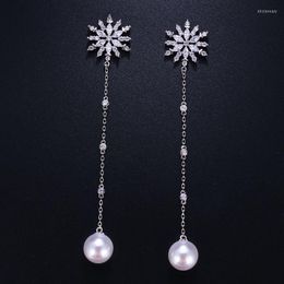Stud Emmaya Fashion Snowflake Design Women White Pearl Charm Earrings With Cubic Zirconia For Gift Wedding PartyStud Kirs22