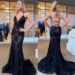 Black Prom Dresses Sexy Halter Lace Applique Criss Cross Straps Back Satin Sweep Train Custom Made Mermaid Evening Party Formal Ocn Wear Vestidos 403 403