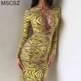 Zebra Print Long Sleeve Bodycon Dress Hollow Out Bandage Sexy Dress Spring Autumn Fashion Y2K Midi Long Dress 2022 T220816