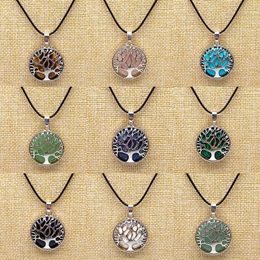 Natural Stone Tree Of Life Pendant Necklace For Women Men Black Turquoise Quartzs PU Chain Necklace Jewellery