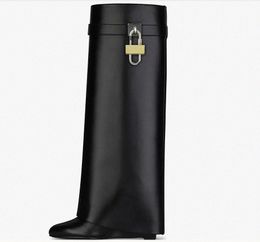 brown slippers Canada - Luxury shark lock boots Knee in leather dupe silver and gold finish asymmetrical metal high low Botas Padlock Boot Women Suede clad wedge almond shaped toe heel