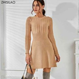 ZHISILAO Long Sleeve Knitted Dresses Women Winter Autumn 2021 O-Neck A-line Mini Dress Sexy Thicken Short Sweater Dress Black T220804