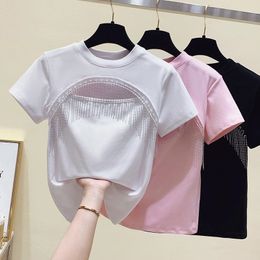 Women's T-Shirt Tee Shirt Femme Short Crop Top Summer Tops Woman Hollow Out Tassel Cotton Sleeve Pink Tshirt Women Clothing W220408