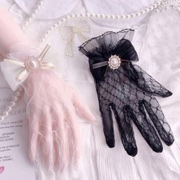 Five Fingers Gloves Women Lace Ladies White Wrist Large Bow Knot Marriage Glove Party Cosplay Accessories Short Tulle