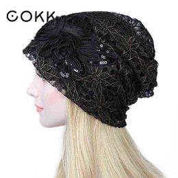 Cokk Women Hat Lace Flower Beanie Cap Double Layer Autumn Spring Hats For Women Headwear Hat Female Hood chapeu J220722