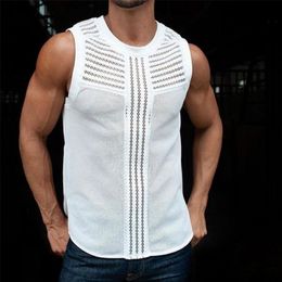 White Tank Top Men Lace Hollow Out Sexy Tops Summer Mens Clothing Fashion Gym Fitness Clothes Men's Slim Fit Vest Shirts 220531