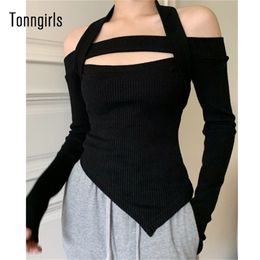 Tonngirls Sexy Women T-shirt Knit Long Sleeve Tops Hollow Halter Slim Irregular T Shirt Solid Autumn Winter Tee Tops Streetwear 220510