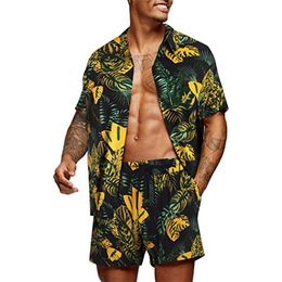 Men Tracksuits Print Flower Shirts Hawaiian Sets Casual Button Down Short Sleeve Shirt Short Pants Suits