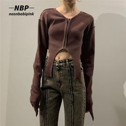 NEONBABIPINK Asymmetrical Zip Up V Neck Long Sleeve Crop Top Knitted Black Brown Cardigan Fall Clothes Sexy T Shirts N33-BI17 220408