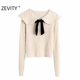 Zevity Women Fashion Turn Down Collar Geometric Pattern Knitting Sweater Female Chic Bow Tied Breasted Cardigan Tops LJ201126