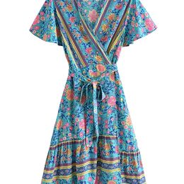 Vintage Chic Fashion Women Hippie Floral Print V-neck Bohemian Mini Dress Ladies Short Sleeve Summer Beach Wrap Boho Dresses 220510