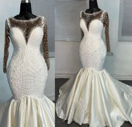 2022 Plus Size Arabic Aso Ebi Luxurious Mermaid Sexy Wedding Dress Sheer Neck Beaded Pearls Bridal Gowns Dresses ZJ602