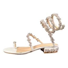 Women S-shaped sandals spiral Rhinestone sandals Genuine Leather Simplicity Beach shoes open toe lady flat heels Summe Sandal