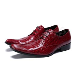 Mens Dress Shoes Luxury Party Wedding Lace-up Genuine Leather Shoes Business Formal Men Red Oxford Shoes