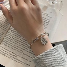 Link Chain Korean S925 Sterling Silver Square Pendant Bracelet Female Retro Simple Letter Hand JewelryLink