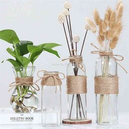 Nordic Glass Vases Living Room Table Decoration Transparent Water Hydroponics Flower Rope Dry Flower Vase DIY Valentine's Day 210409