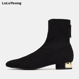 Autumn spring New Square Heads Low Heels Elastic Thin Legs Zippers Womens Short Boots Shoes 201102