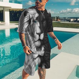 Men s Clothing Set 3D Printed T Shirt Brave Lion Tiger Sportswear Domineering Fitness Track Pants 2 Piece 220708