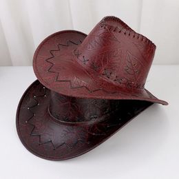 Berets Four Seasons Unisex Cowboy Hats PU Western Cowgirl Leather Caps Outdoor Leaves Reunion Deep Color Big Brim NZ0023Berets