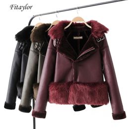 Fitaylor Winter Faux Fur Leather Jacket Women Thick Warm Faux Lambs Wool Fur Collar Leather Jacket Motorcycle Zipper Outerwear 201030