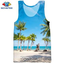 SONSPEE 3D Print Palm Tree Summer Beach Sea Men's Tank Tops Casual Fitness Bodybuilding Gym Muscle Men Sleeveless Vest Shirt 220627