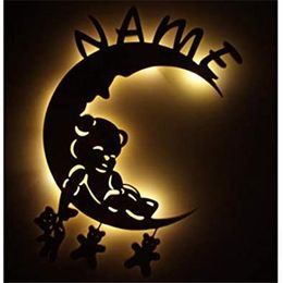 Moon LED Wall Night Light Personalized Name Sign for Baby Girls Boys Room Bedroom Decoration Personalized Custom Wooden Lamp 220623