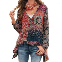 Women V Neck Boho Print Long Sleeve Shirt Loose Button Down Tops Men's Casual Shirts