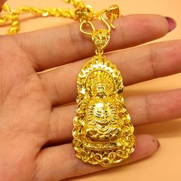 -Bouddhiste Guanyin Pendentif Collier Collier Corde Chaîne 18k Yellow Or Ornament rempli Bouddha amulette Vintage bijoux pour femmes hommes