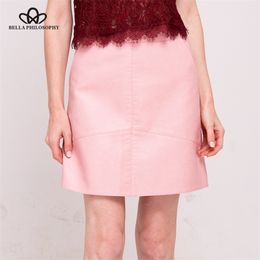 Bella winter high waist Skrit PU faux leather women skirt pink yellow black green blue zipper mini skirt women 201110