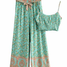 Vintage Chic Women Floral Print Outfits Strap Sleeveless Tops Bohemian Suits Drawstring Pants 2 Pieces Rayon Cotton Boho Sets 220704
