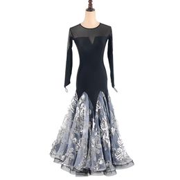 Stage Wear Standard Ballroom Dance Dresses Adult Long Sleeve Black Waltz Dancing Skirt Women Competition DressStage