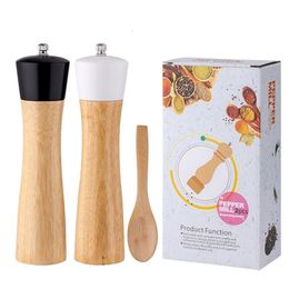 Salt and Pepper Mill Wood Pepper Shakers Adjustable Ceramic Grinder with Spoon Kitchen Accessories salt and pepper grinder set 220527