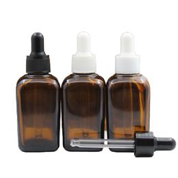 50ml Empty Clear Brown Square Glass Bottle Black White Plastic Lid Cosmetic Packaging Sample Essential Oil Rubber Dropper Refillable Vials
