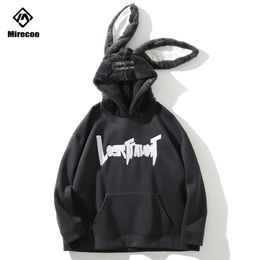 Rabbit Ears Men Hip Hop Hoodie Sweatshirt Letter Fleece Hoodie Streetwear Casual Black Hooded Pullover Cotton Autumn 201126