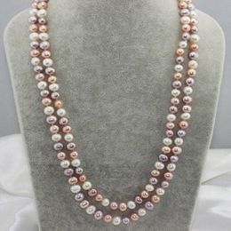 Hand knotted necklace natural 8-9mm multicolor freshwater pearl sweater chain nearly round pearl 50inch