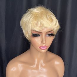 Pixie Cut Wig Human Hair Burgundy Short Bob Wigs with Bangs For Black Women Full Machine Made Glueless Wig In High Quality