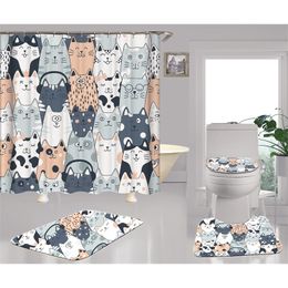 3d Cartoon Cats Pattern Bathroom Curtain Shower Set Cute Dinosaur Art Bath Mats For Kids Toilet 1/3/4pc/set 220429