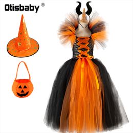 Special Occasions 2-12Year Children Girl Halloween Backless Witch Dress With Hat Pumpkin Bag Fancy Girls Cosplay Masquerade Party Prom Tulle 220826