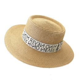 Women's Flat Top Straw Hat Ribbon Decorate Boater Beach Sun Hat Summer Wide Brim Panama Travel Fedoras Hats