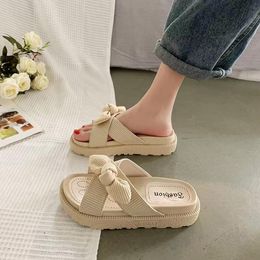 Sandals Flat Inner Slippers Ladies Summer Fairy Style Thick Sole Roman Bow Low Top Solid Colour Vulcanised Shoes 2022