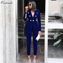 Ocstrade Summer Sets for Women 2020 New Navy Blue V Neck Long Sleeve Sexy 2 Piece Set Outfits High Quality Two Piece Set Suit T200704