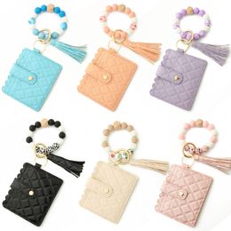 Wristlet Keychain Bracelet Holder Key Ring Party Favor Silicone Car Wallet Beaded Bangle With Card Leather Tassel for Women and Girls